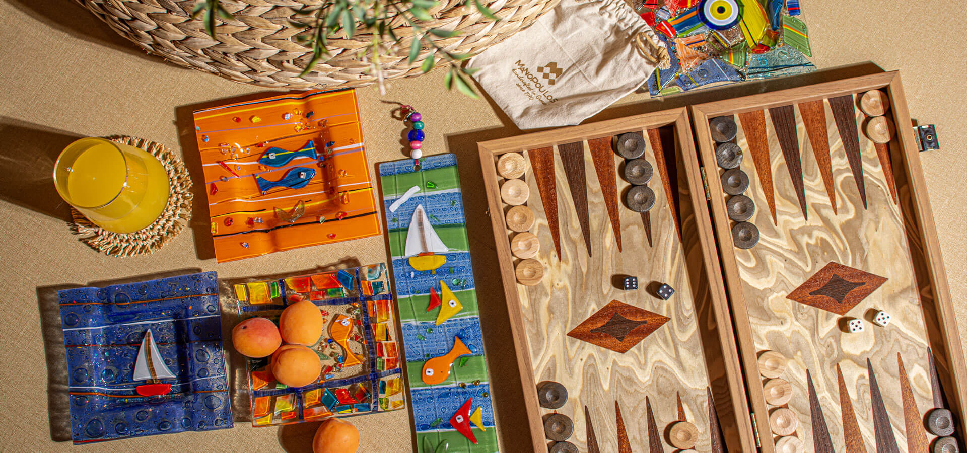 Handcrafted Greek glass decorative pieces and Manopoulos backgammon board – summer gift offer for orders over €1501621243260e1af0c20-0