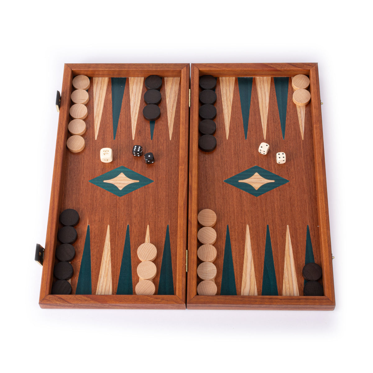 Manopoulos handcrafted mahogany backgammon set in green with elegant marquetry points wooden playing pieces and dice displayed on an open board