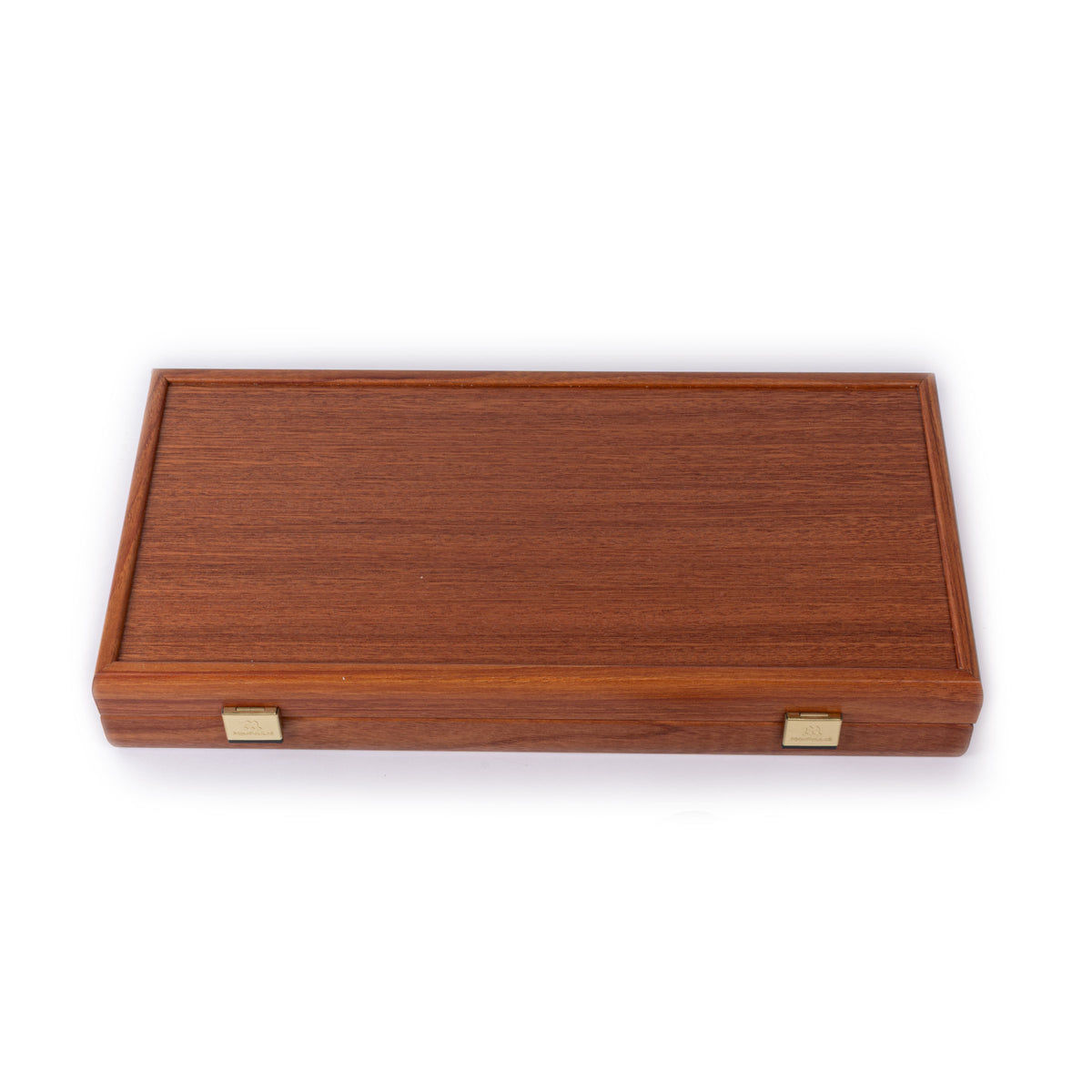 Closed handcrafted mahogany backgammon case with rich wood grain and brass clasps by MANOPOULOS Chess and Backgammon a refined Greek luxury game set