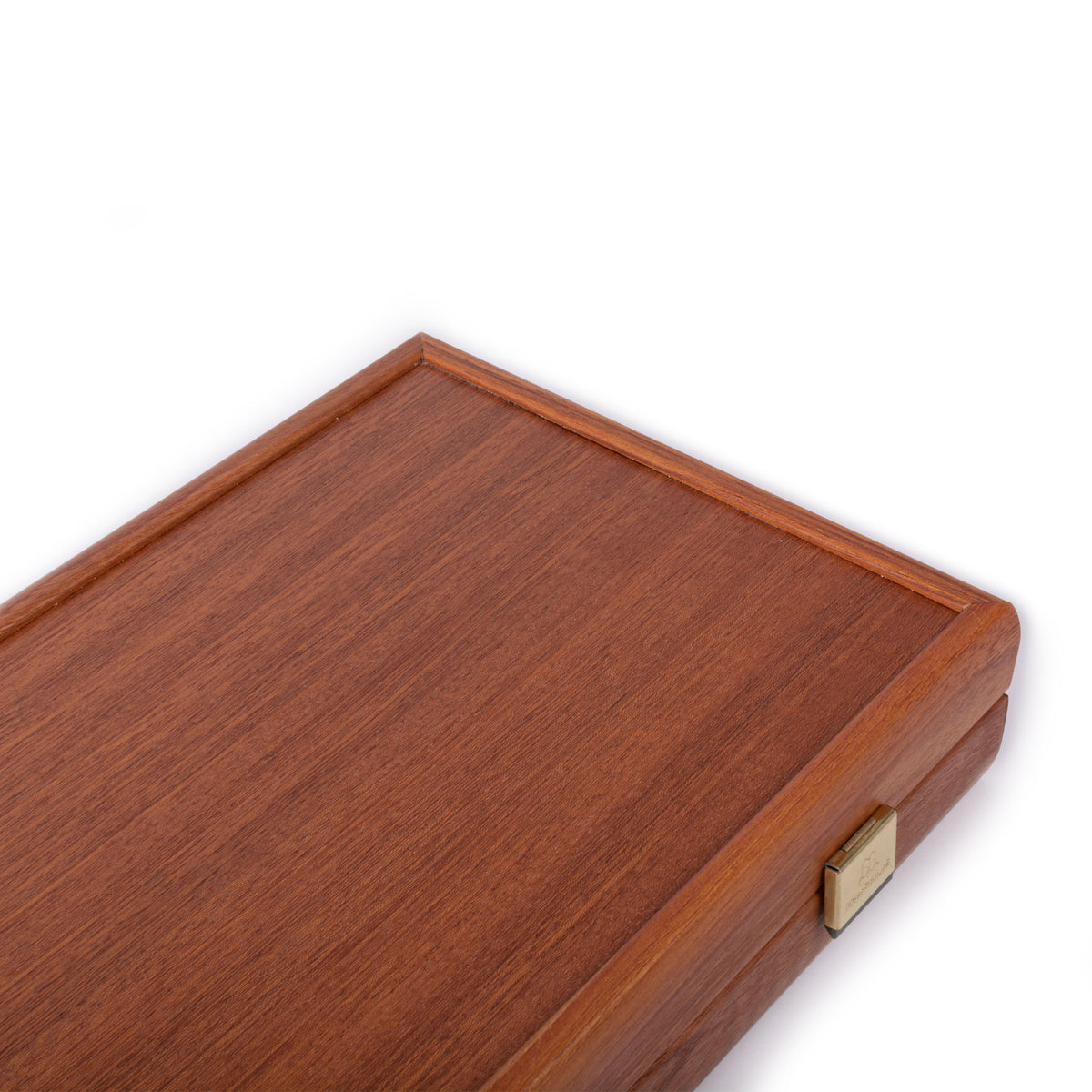 Handcrafted mahogany backgammon board with polished wood grain and brass clasp by MANOPOULOS Chess & Backgammon showcasing Greek craftsmanship