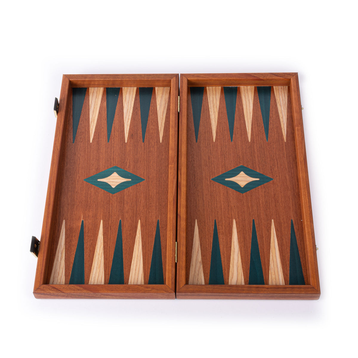 Open handcrafted mahogany backgammon board with green and natural wood marquetry points and diamond inlays by MANOPOULOS Chess and Backgammon