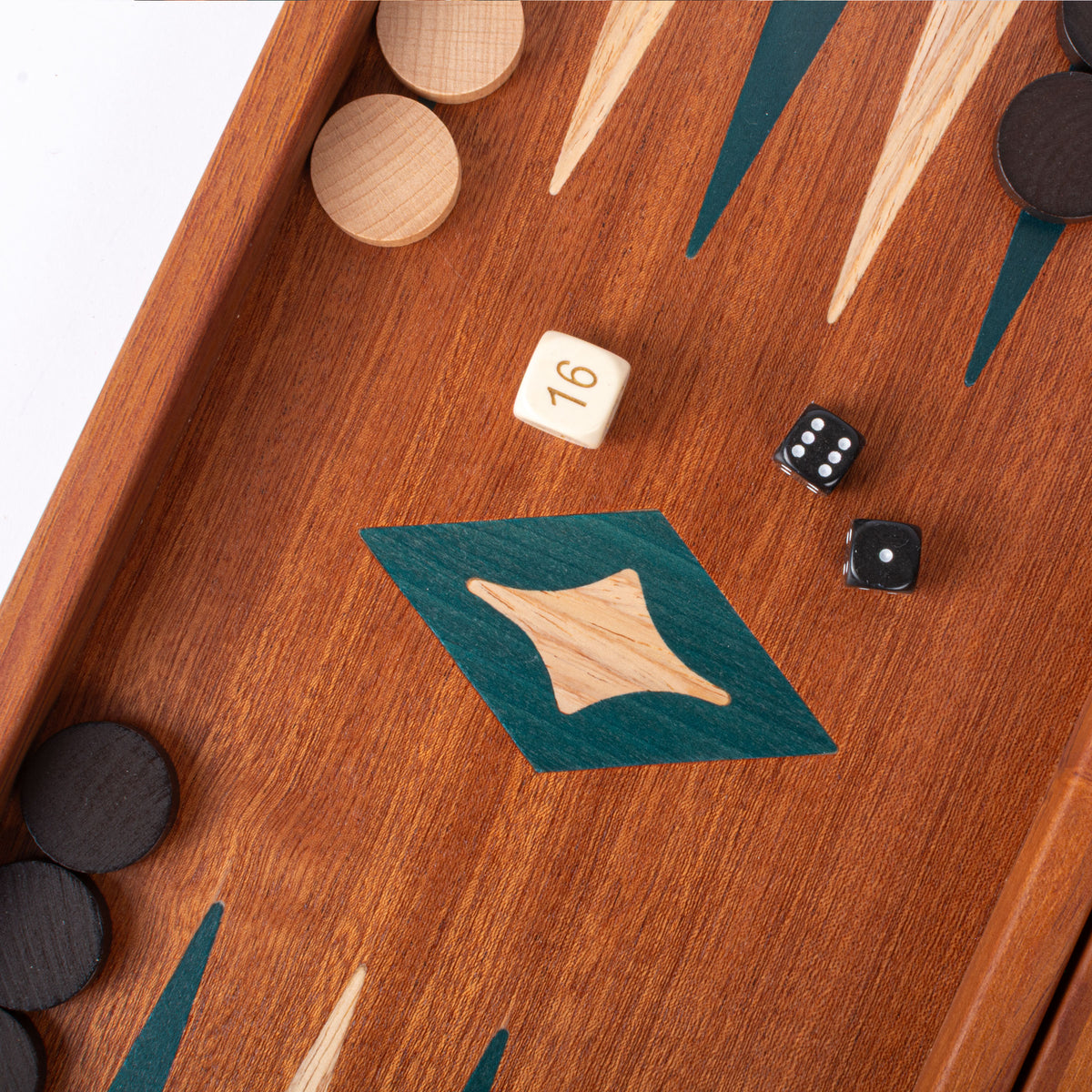 Handcrafted mahogany backgammon board with green marquetry inlay black and natural playing pieces and dice by MANOPOULOS Chess and Backgammon