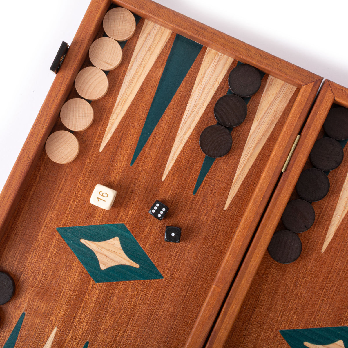 Handcrafted mahogany backgammon board with green marquetry details wooden checkers and dice showcasing Greek craftsmanship by MANOPOULOS Chess and Backgammon
