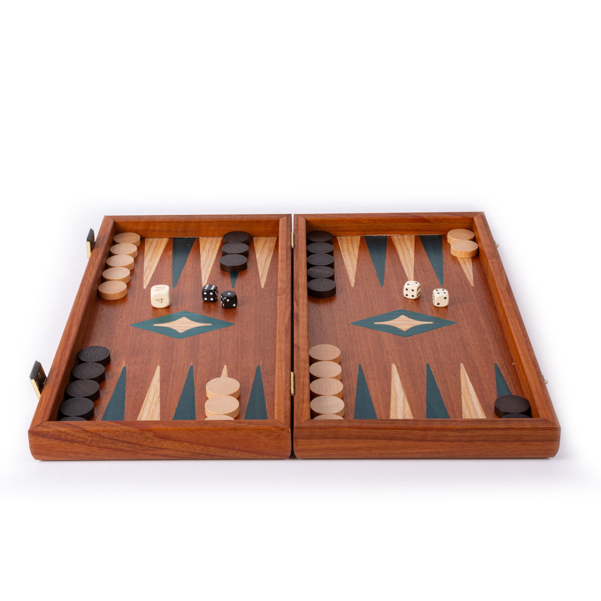 Handcrafted mahogany backgammon set with green marquetry board, black and ivory pieces, and dice, showcasing Greek craftsmanship by MANOPOULOS Chess and Backgammon