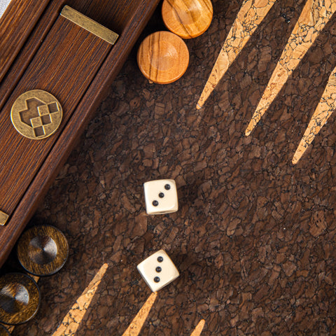 NATURAL CORK WITH CUBE DESIGN Backgammon (with olive wood checkers) Small size