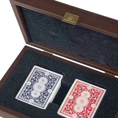 PLASTIC COATED PLAYING CARDS in Brown Leather Ostrich tote wooden case