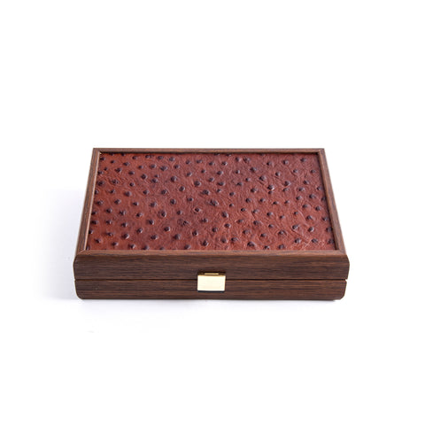 DOMINO SET in Brown Leather Ostrich tote wooden case