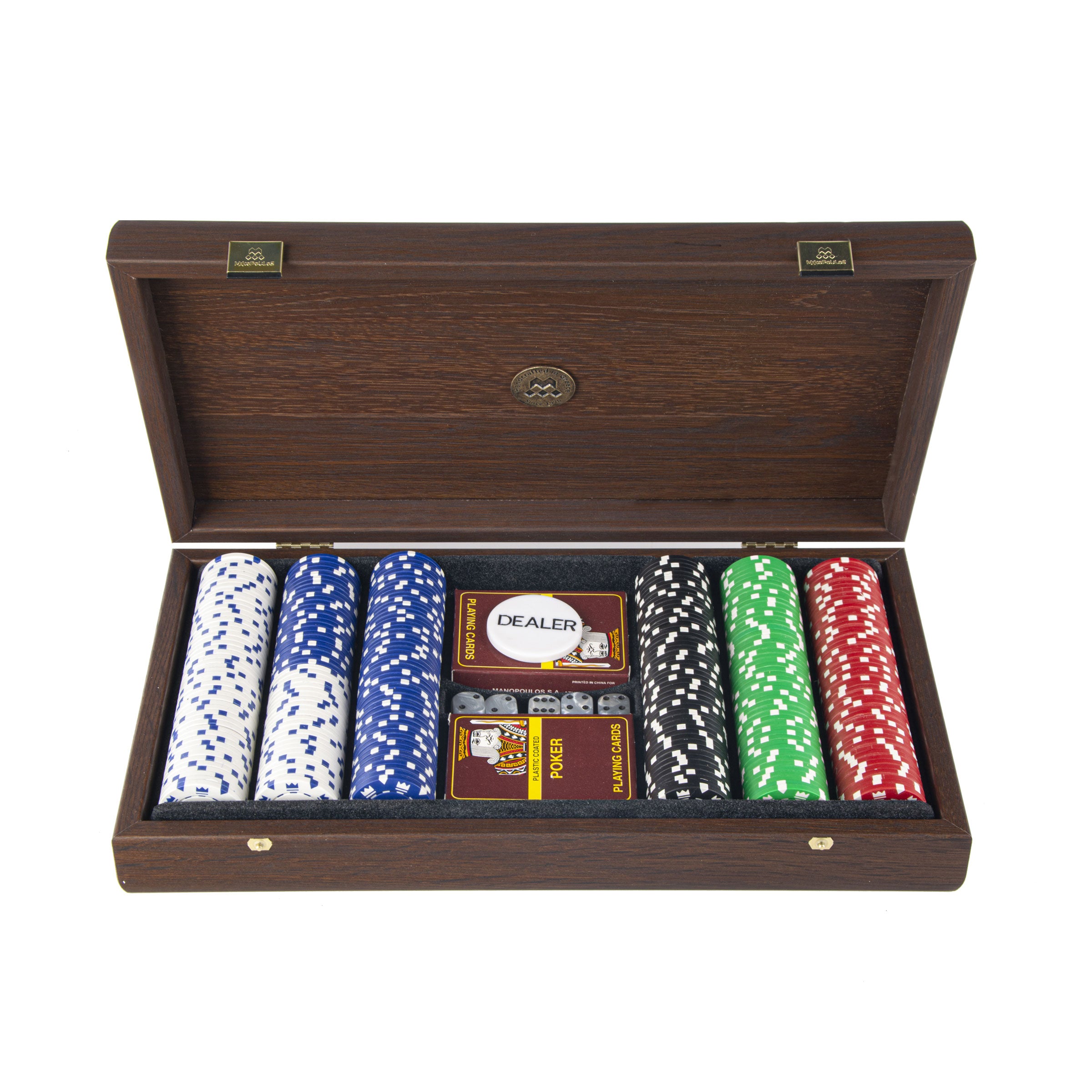 Luxury Poker Set in Dark Walnut Wooden Case with Brown Leatherette
