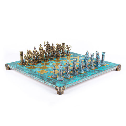 ARCHERS CHESS SET with blue/brown chessmen and bronze chessboard (Large)
