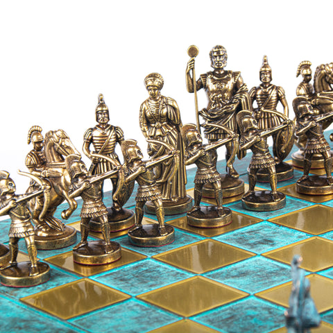 ARCHERS CHESS SET with blue/brown chessmen and bronze chessboard (Large)