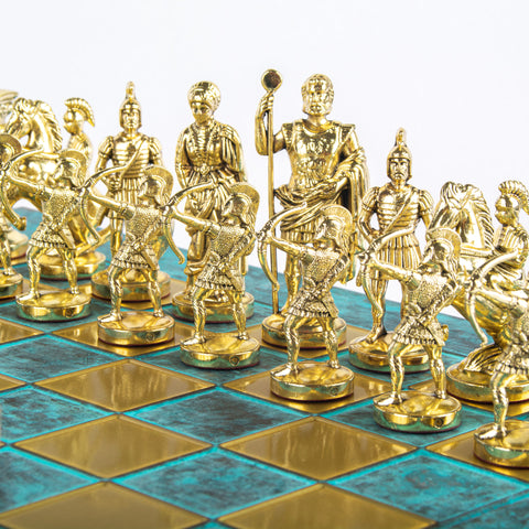 ARCHERS CHESS SET with gold/silver chessmen and bronze chessboard 44 x 44cm (Large)