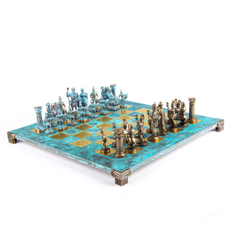 GREEK ROMAN PERIOD CHESS SET with blue/brown chessmen and bronze chessboard 44 x 44cm (Large)