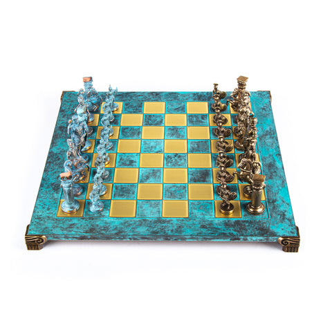 GREEK ROMAN PERIOD CHESS SET with blue/brown chessmen and bronze chessboard 44 x 44cm (Large)