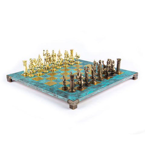 GREEK ROMAN PERIOD CHESS SET with gold/brown chessmen and bronze chessboard 44 x 44cm (Large)