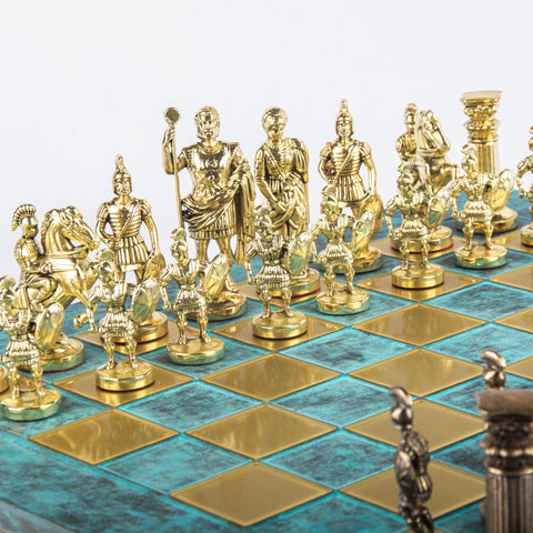GREEK ROMAN PERIOD CHESS SET with gold/brown chessmen and bronze chessboard 44 x 44cm (Large)