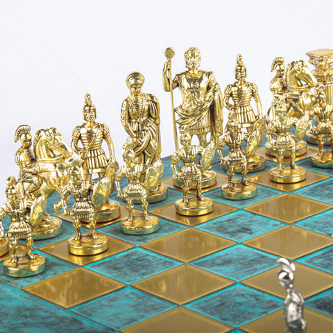 GREEK ROMAN PERIOD CHESS SET with gold/silver chessmen and bronze chessboard 44 x 44cm (Large)