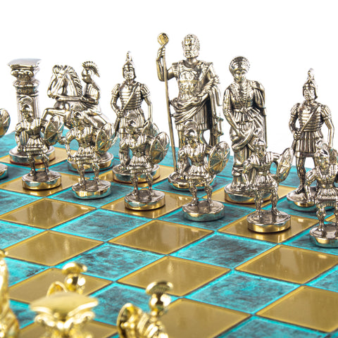 GREEK ROMAN PERIOD CHESS SET with gold/silver chessmen and bronze chessboard 44 x 44cm (Large)