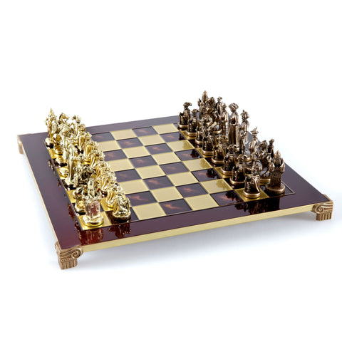 MEDIEVAL KNIGHTS CHESS SET with brown/gold chessmen and bronze chessboard 44 x 44cm  (Large)