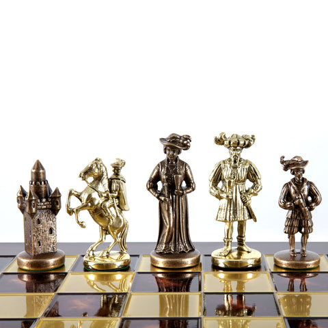 MEDIEVAL KNIGHTS CHESS SET with brown/gold chessmen and bronze chessboard 44 x 44cm  (Large)