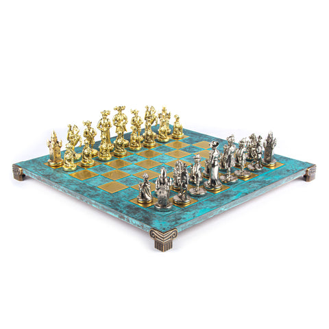MEDIEVAL KNIGHTS CHESS SET with gold/silver chessmen and bronze chessboard 44 x 44cm  (Large)