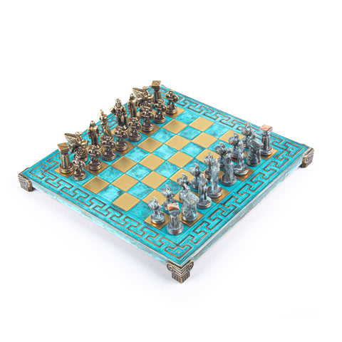 SPARTAN WARRIOR CHESS SET with blue/brown chessmen and Meander bronze chessboard 28 x 28cm (Small)