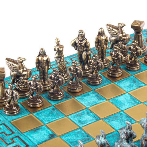 SPARTAN WARRIOR CHESS SET with blue/brown chessmen and Meander bronze chessboard 28 x 28cm (Small)