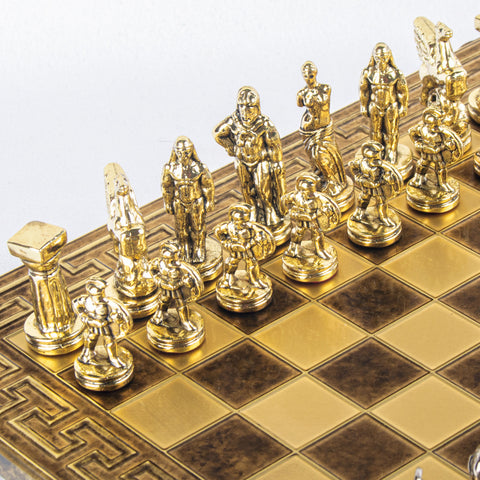 SPARTAN WARRIOR CHESS SET with gold/silver chessmen and Meander bronze chessboard 28 x 28cm (Small)