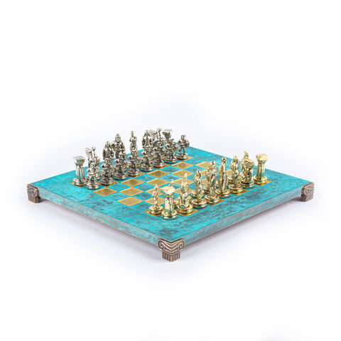 SPARTAN WARRIOR CHESS SET with gold/silver chessmen and bronze chessboard 28 x 28cm (Small)
