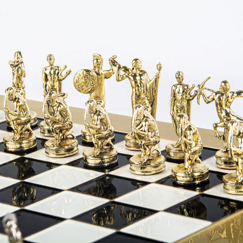 GIANTS' BATTLE CHESS SET with gold/silver chessmen and bronze chessboard 36 x 36cm (Medium)