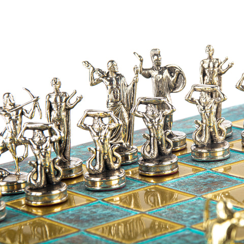 GIANTS' BATTLE CHESS SET with gold/silver chessmen and bronze chessboard 36 x 36cm (Medium)