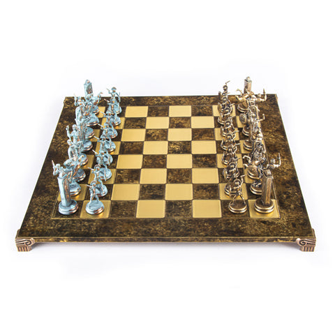 GREEK MYTHOLOGY CHESS SET with blue/brown chessmen and bronze chessboard 54 x 54cm (Extra Large)