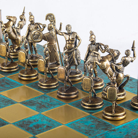 GREEK MYTHOLOGY CHESS SET with blue/brown chessmen and bronze chessboard 54 x 54cm (Extra Large)