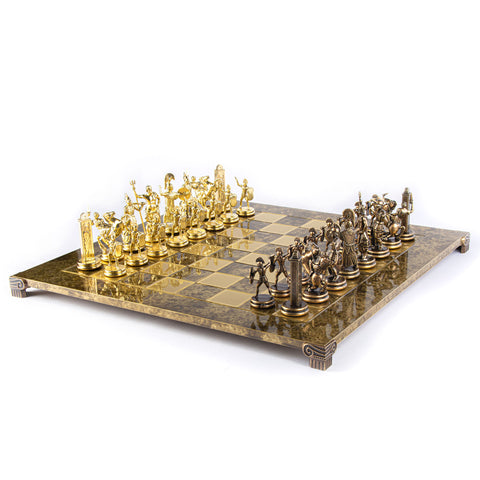 GREEK MYTHOLOGY CHESS SET with gold/brown chessmen and bronze chessboard 54 x 54cm (Extra Large)