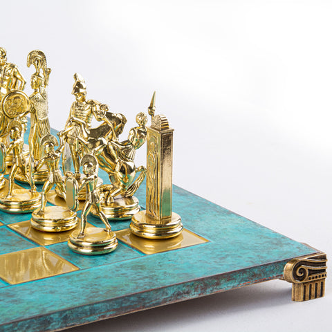 GREEK MYTHOLOGY CHESS SET with gold/brown chessmen and bronze chessboard 54 x 54cm (Extra Large)