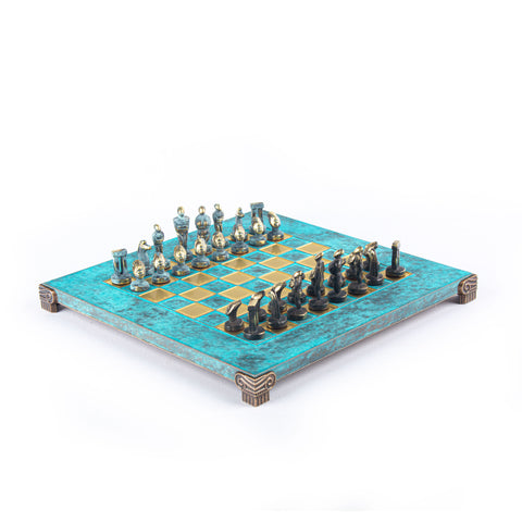 CYCLADIC ART SOLID BRASS CHESS SET with blue/brown chessmen and bronze chessboard 28 x 28cm (Small)