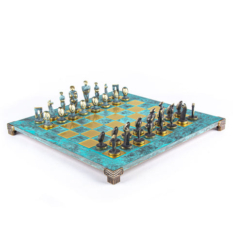 CYCLADIC ART SOLID BRASS CHESS SET with blue/brown chessmen and bronze chessboard 44 x 44cm (Large)