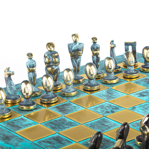 CYCLADIC ART SOLID BRASS CHESS SET with blue/brown chessmen and bronze chessboard 44 x 44cm (Large)