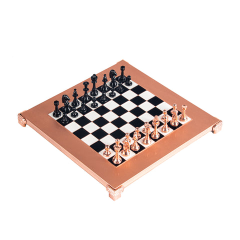 CLASSIC METAL STAUNTON CHESS SET with black/copper chessmen and copper chessboard 28 x 28cm (Small)