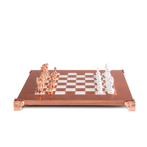 CLASSIC METAL STAUNTON CHESS SET with copper/white chessmen and copper chessboard 28 x 28cm (Small)
