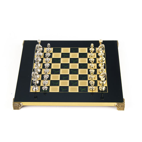 CLASSIC METAL STAUNTON CHESS SET with gold/silver chessmen and bronze chessboard 28 x 28cm (Small)