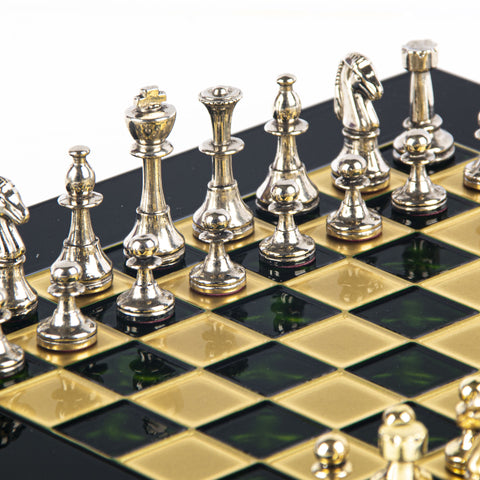 CLASSIC METAL STAUNTON CHESS SET with gold/silver chessmen and bronze chessboard 28 x 28cm (Small)