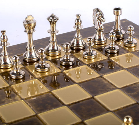 CLASSIC METAL STAUNTON CHESS SET with gold/silver chessmen and bronze chessboard 36 x 36cm (Medium)
