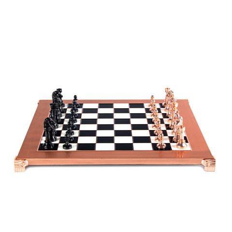 CLASSIC METAL STAUNTON CHESS SET with black/copper chessmen and copper chessboard 36 x 36cm (Medium)
