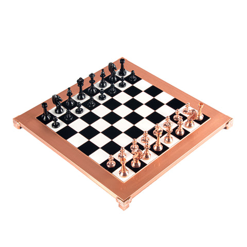 CLASSIC METAL STAUNTON CHESS SET with black/copper chessmen and copper chessboard 36 x 36cm (Medium)