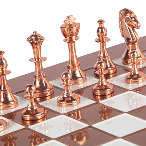 CLASSIC METAL STAUNTON CHESS SET with copper/white chessmen and copper chessboard 36 x 36cm (Medium)