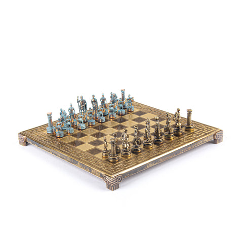GREEK ROMAN PERIOD CHESS SET with blue/bronze chessmen and meander bronze chessboard 28 x 28cm (Small)