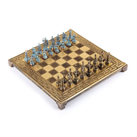 GREEK ROMAN PERIOD CHESS SET with blue/bronze chessmen and meander bronze chessboard 28 x 28cm (Small)