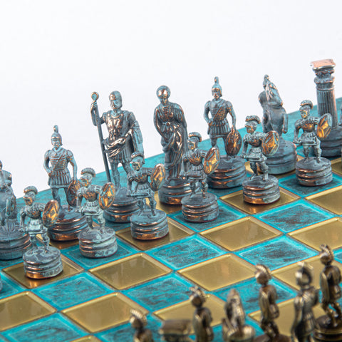 GREEK ROMAN PERIOD CHESS SET with blue/brown chessmen and bronze chessboard 28 x 28cm (Small)