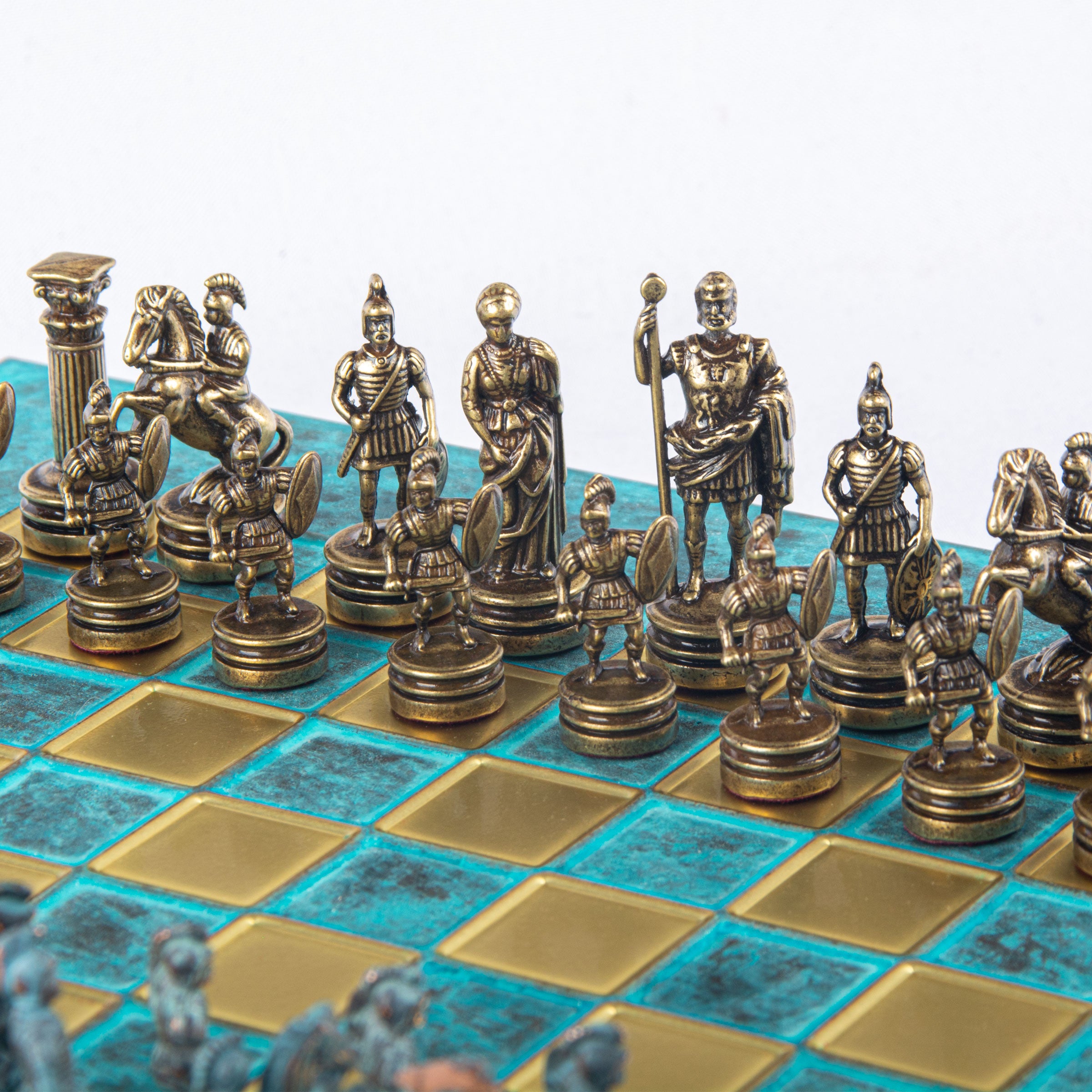 Handcrafted Greek Roman Chess Set | Blue & Brown, Bronze Board