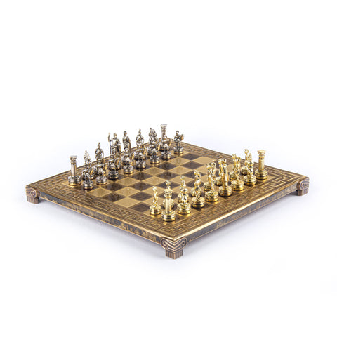 GREEK ROMAN PERIOD CHESS SET with gold/silver chessmen and meander bronze chessboard 28 x 28cm (Small)